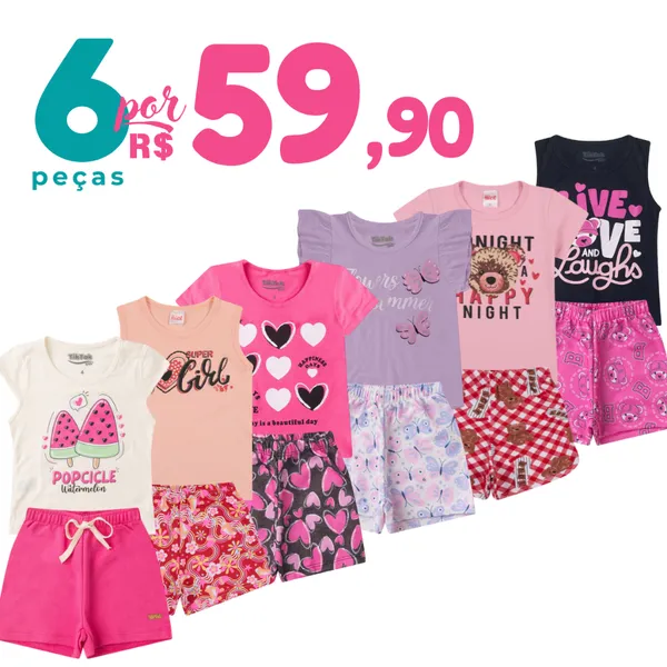 Kit 6 Peças de Roupas Infantil Menina 3 Conjuntos Verão Algodão