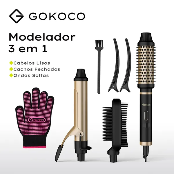 GOKOCO 3 EM 1 FERRAMENTA MULTIFUNCIONAL DE MODELAGEM DE CABELO PARA CABELOS LISOS , CACHOS CURTOS E LONGOS ONDULADOS