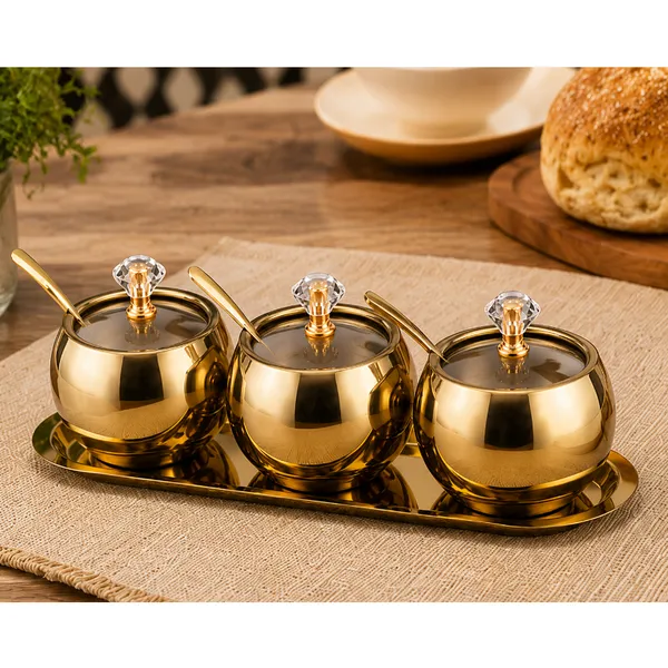 Kit 3 potes Açucareiro Luxuoso porta Condimentos Aço Inox - 304 Dourado Elegante