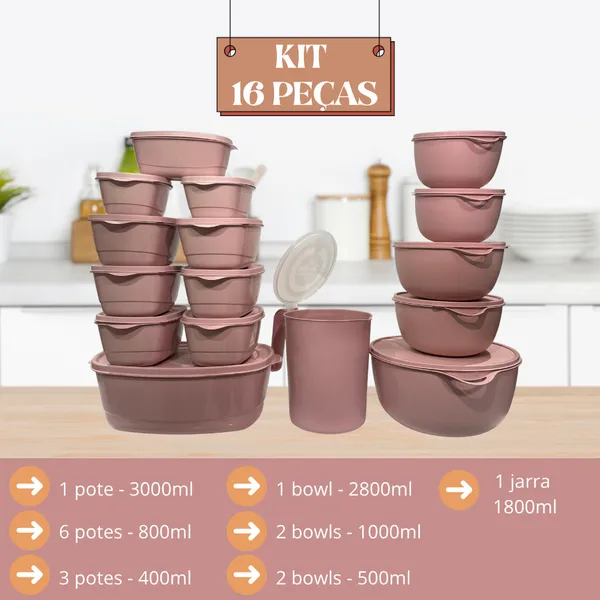 KIT JOGO DE COZINHA C/16 POTES DE PLASTICO HERMETICO RESISTENTE PARA ALIMENTOS+JARRA