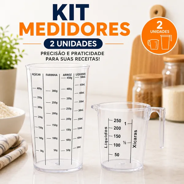KIT COPO MEDIDOR 500 JARRA MEDIDORA 250 ML DOSADOR COZINHA ALIMENTOS RECEITAS LÍQUIDOS