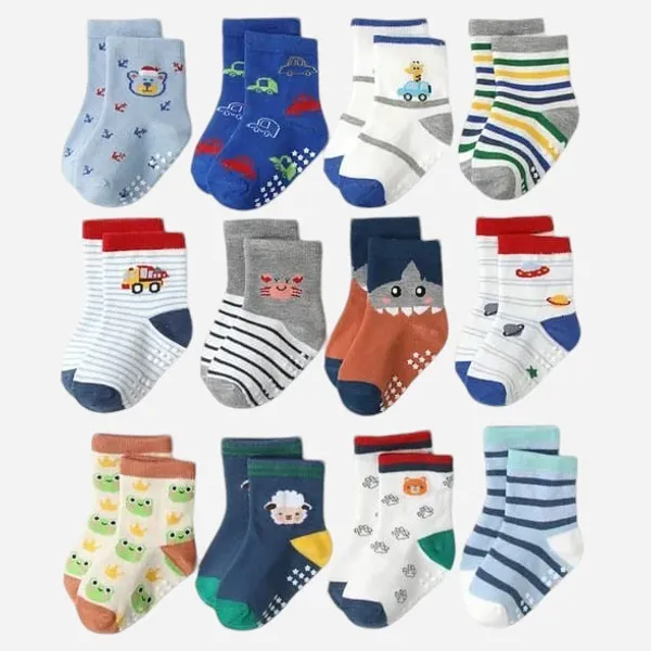 Kit 6 e 12 Pares de Meias Masculino para Recém Nascidos e Bebê Menino c/ Antiderrapante