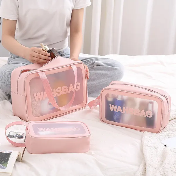 Kit 3 Necessaire Maquiagem Transparente WashBag à Prova d'Água