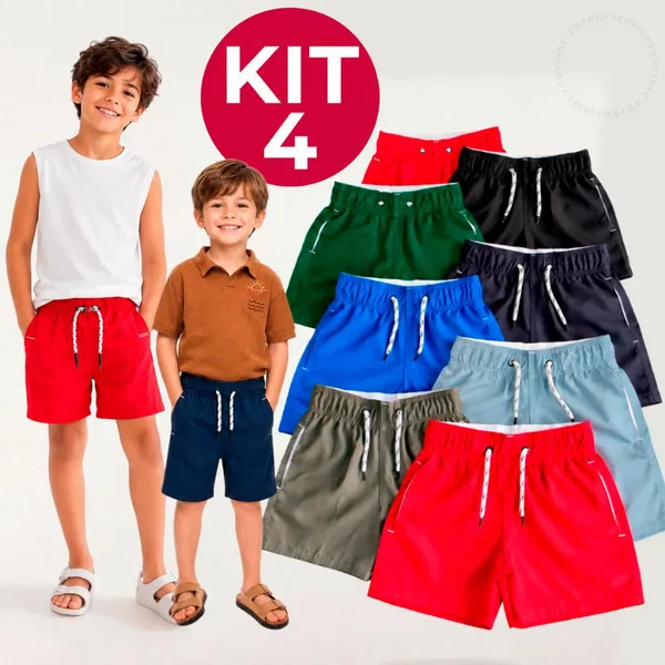 Kit 4 Short Bermuda Infantil Juvenil Tactel Menino Praia Com Bolso Elastano Premium 2 a 16 Anos