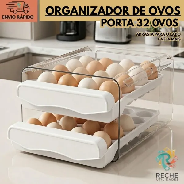 GAVETEIRO PORTA OVOS DUPLO ACRÍLICO 2 GAVETAS ORGANIZADOR DE GELADEIRA PARA 32 OVOS
