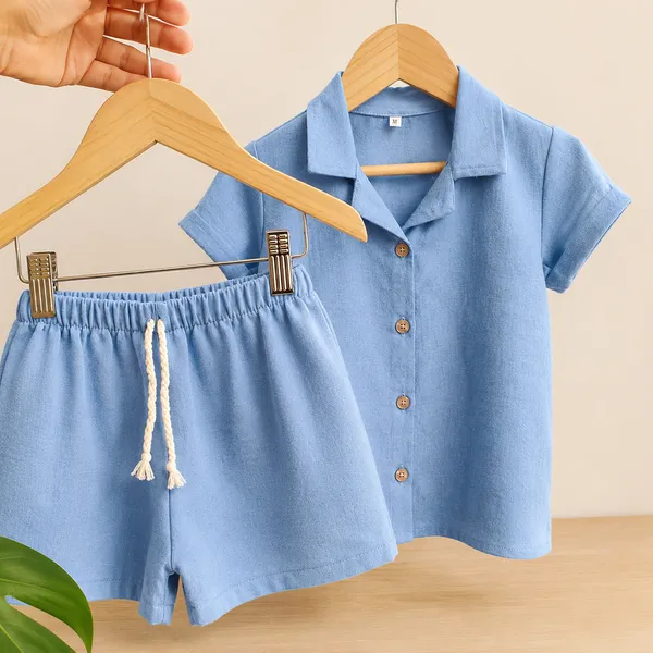 Conjunto Infantil Menino Verão – Camisa com Botões e Gola + Shorts com Elástico