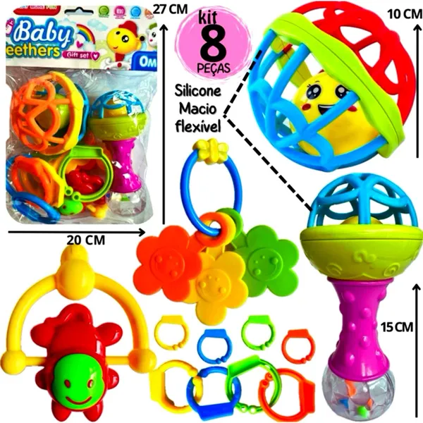 Kit Chocalho e Mordedor Bebê 8 Peças Colorido Silicone Macio Presente Menino e Menina