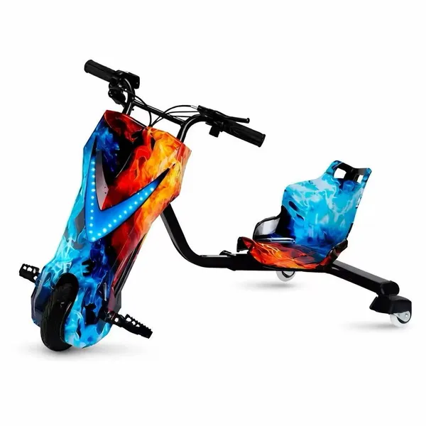 Carro de deriva grande com guiador de freio, guiador contínuo, triciclo elétrico LED Bluetooth, 3 velocidades, Bluetooth