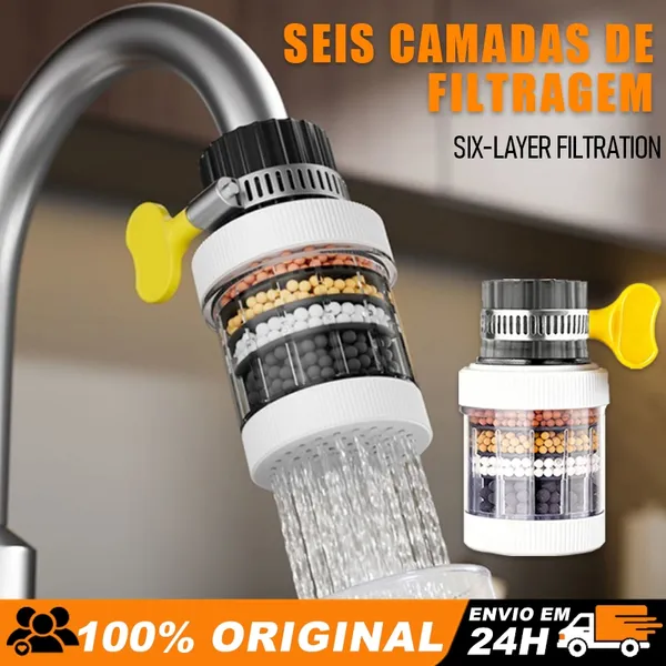 Purificador Filtro de Torneira 6 Camadas Filtragem Universal Bico Arejador Removível Lavável Cozinha Banheiro