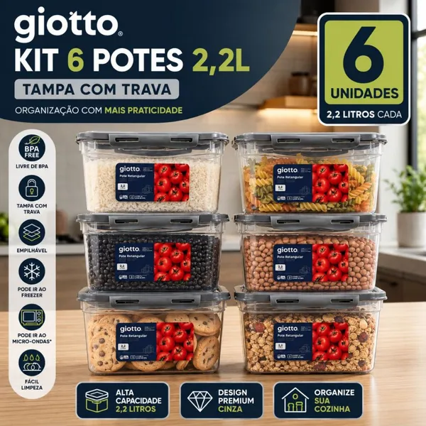Kit 6 Potes com Tampa e Trava 2,2L Alto Cinza – Freezer e Micro-ondas Marmitas Fitness Giotto