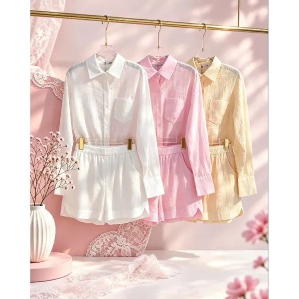 Conjunto em linho importado camisa e short com forrado casaul elegante para seu looks coreção novo em verão