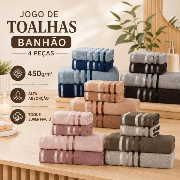 Kit 2 Toalhas de Banho Gigante 2 Toalhas de Rosto Em 100% Algodão Banhão Boa Absorção 450G Flora