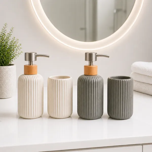 Kit Banheiro Lavabo Porta Sabonete Líquido Dispenser + Porta Escova de Dente em Cerâmica Luxo