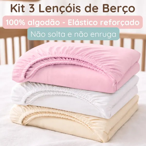 Kit de Lençol Berço Americano com Elástico 100% Algodão Macio 3 Peças Bebê Menina Nacional