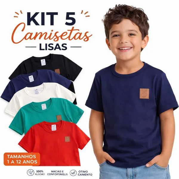 Kit 5 CAMISETAS Lisas Básicas MENINO Coloridas Verão Algodão Confortável