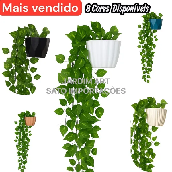 1 KIT VASO PLASTICO CEREMICO + 2 PLANTA PENDURADA VERDE  ARTIFICIAL PAREDE VARANDA PENDENTE VERDE CAIDA ENFEITE