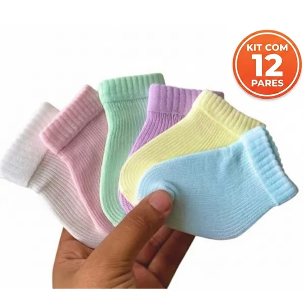 Kit 12 Pares de Meias Bebê RN Recem Nascido Essencial p/ Enxoval e Saída Maternidade 0 -9 meses