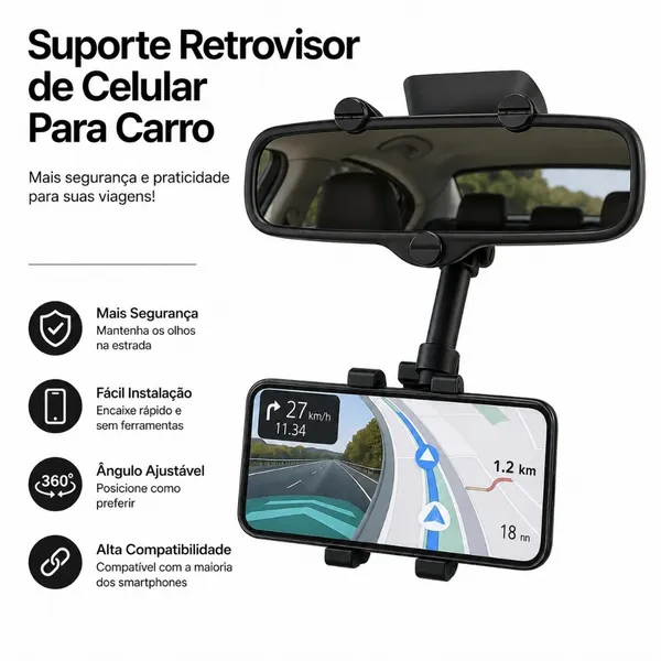 Suporte Retrovisor de Celular Para Carro Central Extensível Giro 360º Fácil Instalação