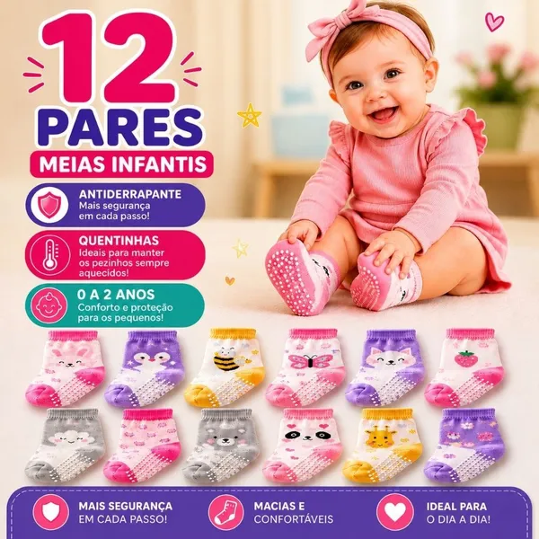 Kit 12 Pares de Meias Bebê Antiderrapante Menina Algodão Confortáveis 0–24 Meses Infantil