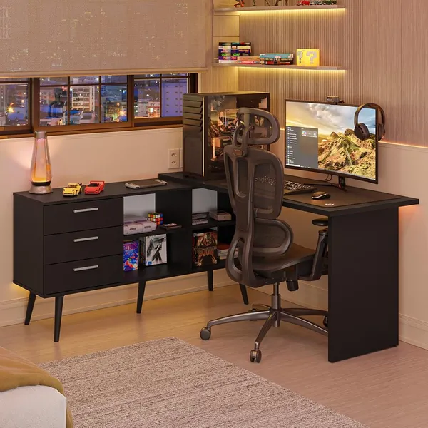 ESCRIVANINHA EM L MESA PARA COMPUTADOR GAMER 3 GAVETAS LISBOA MADESA