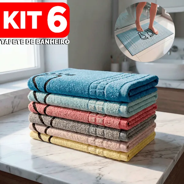 Kit 6 Tapete De Banheiro 45x70cm Pezinho Piso Luxo Atoalhado 100% Algodão Premium