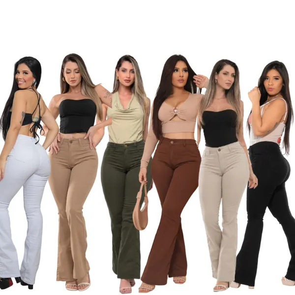 Calça Flare Feminina jeans nas cores bege/caqui/marrom super confortável que se ajusta no corpo