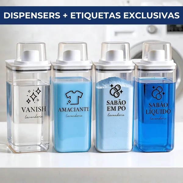 Dispensers Lavanderia 2,3/1,5 Litros - Cartela com 7 Etiquetas - Amaciante, Sabão em Pó e Liquido