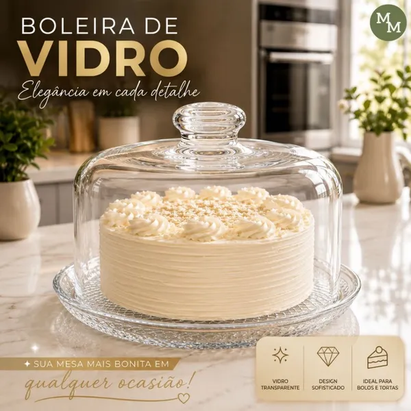 Boleira de Vidro com Tampa Transparente Redonda para Bolos Tortas e Doces