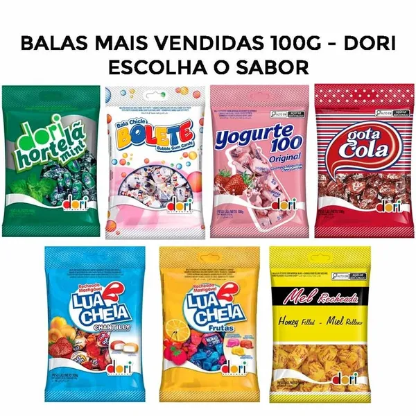 Balas Mais Vendidas: Duras, Mastigaveis e Recheadas ESCOLHA O SABOR 100g - Dori