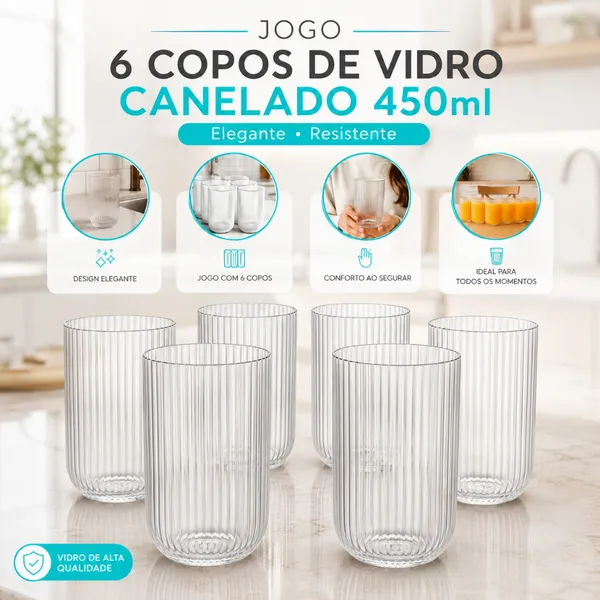Jogo 6 Copos de Vidro Canelado 450ML Elegante Resistente para Água Suco e Drinks