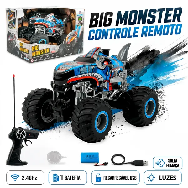 Carrinho Controle Remoto Big Monster 4x4 com Luzes e Solta Fumaça Led Recarregavel