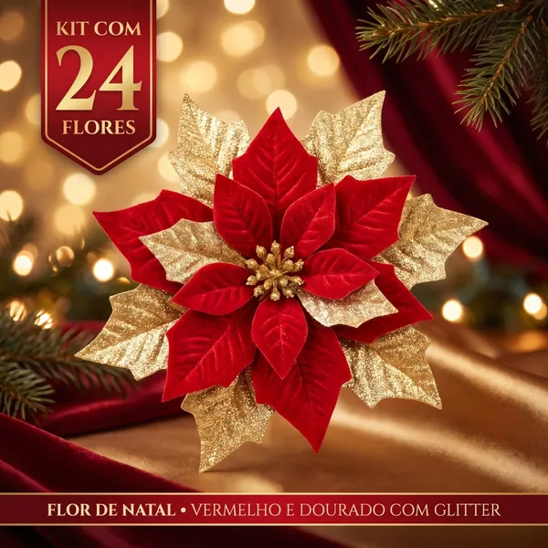 Kit 24 Flores de Natal Artificiais Bico Papagaio Com Glitter Decoração Árvore de Natal E Kit 6, 12 e 18