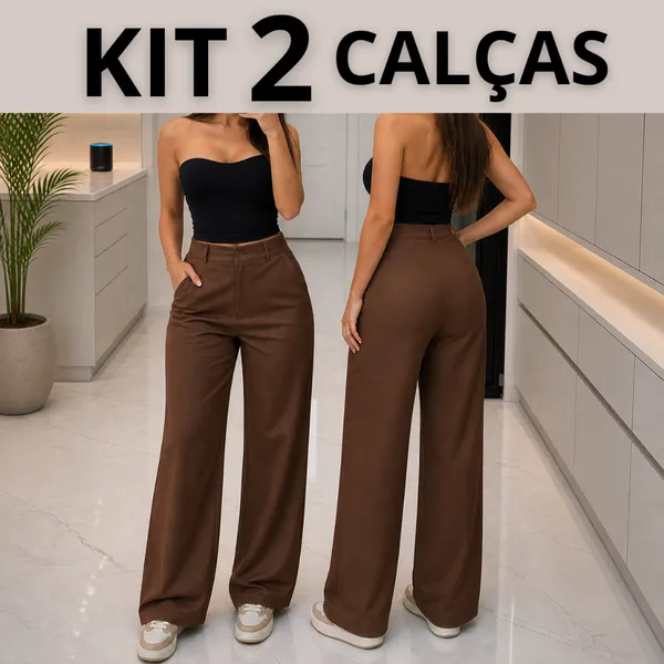 KIT 2 CALÇAS PANTALONA ALFAIATARIA FEMININA CINTURA ALTA BOLSO LATERAL BOTÃO FRONTAL WIDE LEG