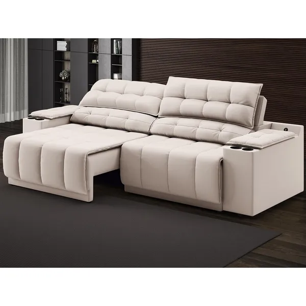 Sofá com Porta Copos Carregador USB Ret Rec Samurai 2,30m Velosuede Areia - NETSOFAS