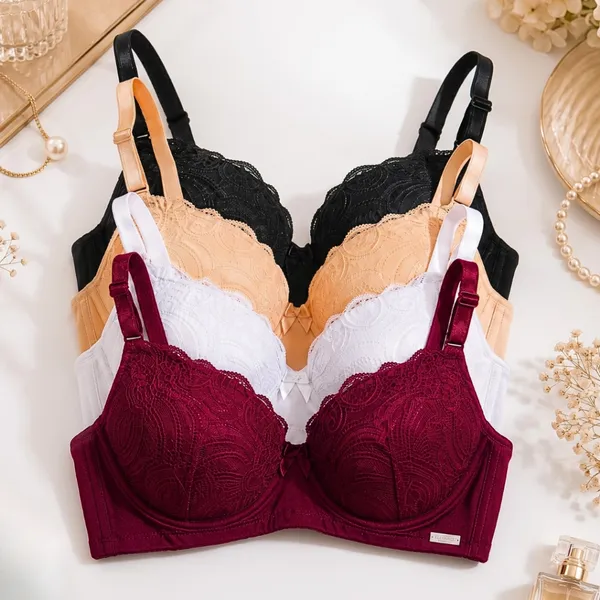 Kit C/4 Sutiãs RENDADO Premium Com Bojo Push Up Reforçado Soutien Efeito Silicione PROMOÇÃO