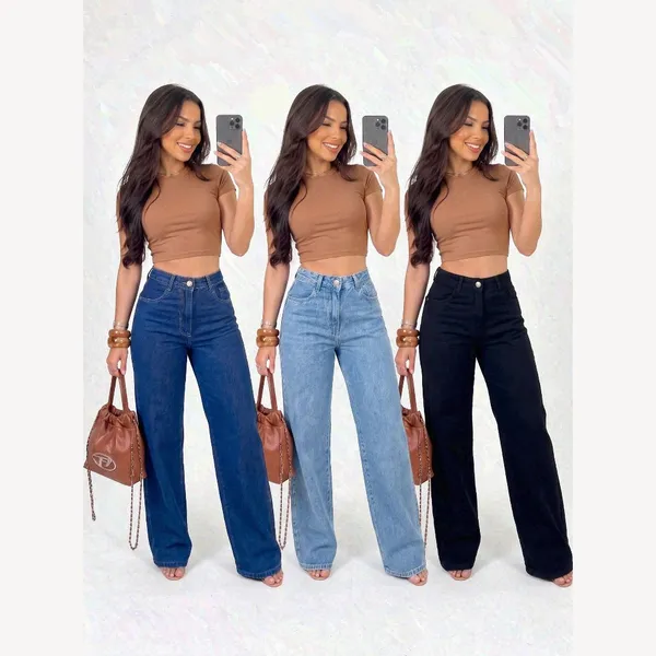 CALÇA WIDE LEG JEANS PANTALONA BOCA LARGA BOCA DE SINO FEMININA