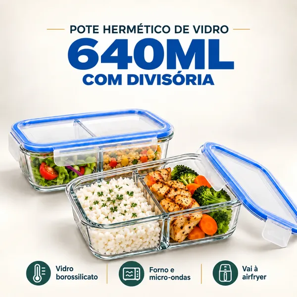 Pote Hermético 640ml de Marmita de Vidro Borossilicato com Divisória Air Fryer Forno Micro-Ondas