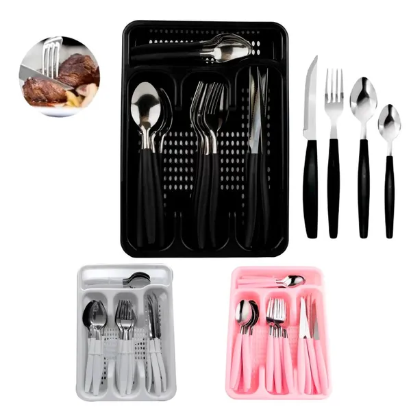 JOGO DE TALHERES INOX FAQUEIRO PORTA TALHER COM 25 PEÇAS PRETO BRANCO E ROSA