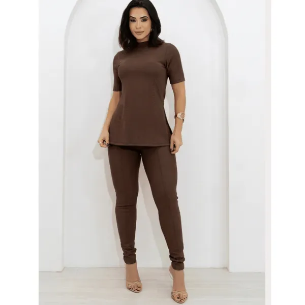 Conjunto Feminino Calça e Blusa Assimétrica Gola Alta Elegante Moderno Tecido Montaria Premium
