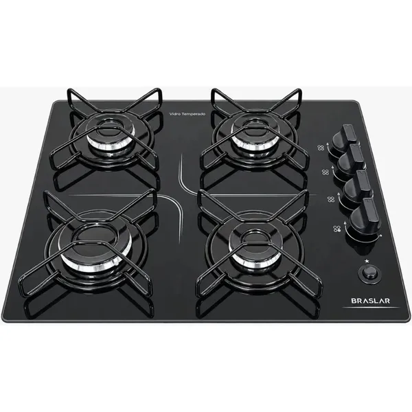 Fogão Cooktop Braslar Pop à Gás 4 Bocas Mesa de Vidro Preto Bivolt - Acendimento automático