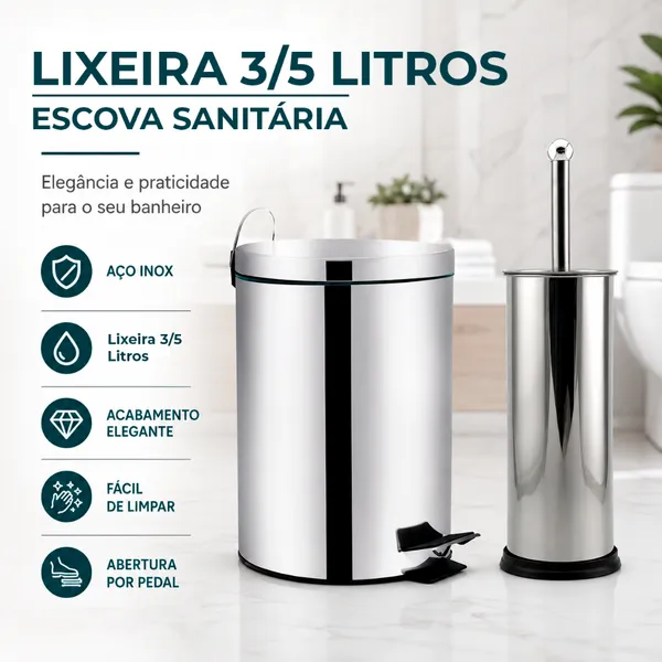 Lixeira 3/5L Escova Sanitária P/ Banheiro Luxo Chique Premium Inox Durável