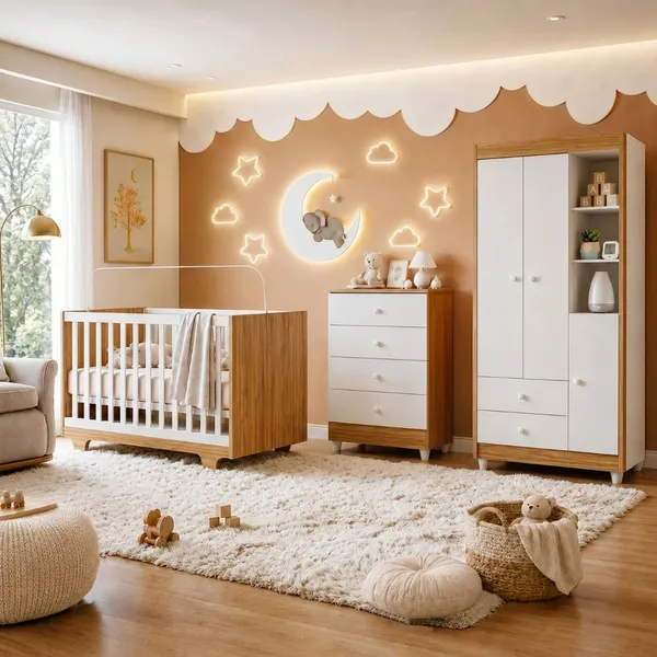 Quarto de Bebê Completo 100% MDF Cômoda Berço e Guarda Roupa Nina Branco/Amadeirado