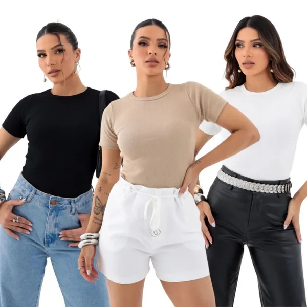 Kit 3 Blusas Ribana Casual Feminina moda Moderna tendência Algodão
