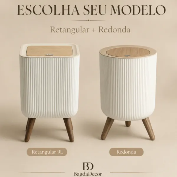 Lixeira De Plástico 9/8 Litros Branca Com Pés De Bambu Com Tampa Click De Pressão Cozinha Banheiro