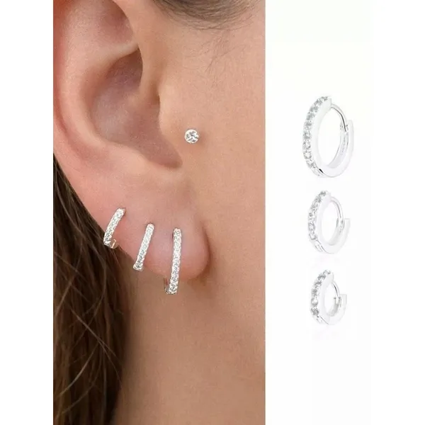 Trio de brinco argola prata 925, cravejado, liso, fino zirconia