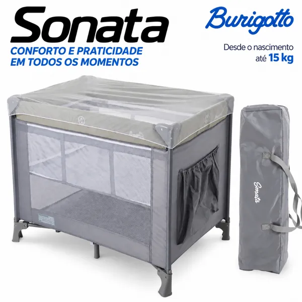 Berço Desmontável Portátil Cercadinho Com Mosqueteiro Sonata Cinza Burigotto