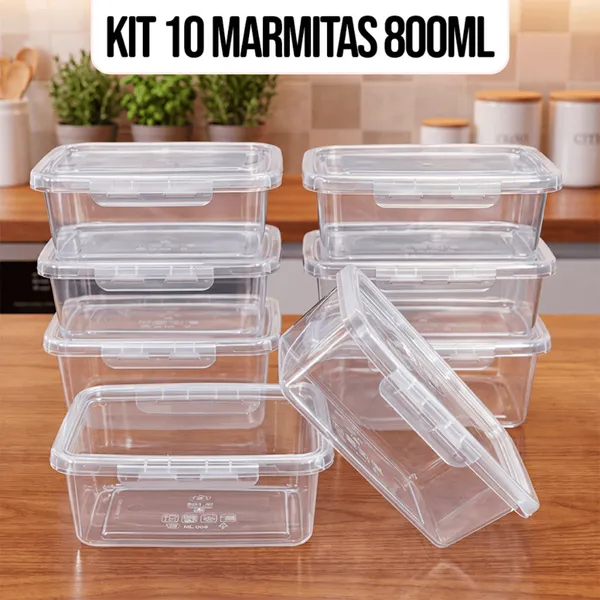 10 Marmitas Potes 800ml Travas Laterais hermeticas - Livres de BPA Alimentos organiza congelador - KAZIVA