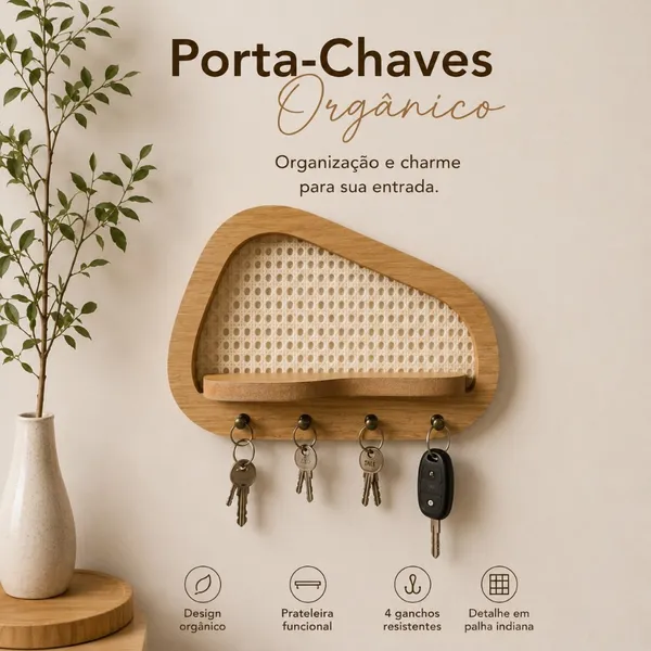 Porta ​Chaves Orgânico Decorativo com Prateleira e Palha Indiana