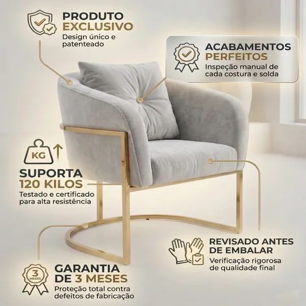 Poltrona Luca de Veludo 190 gramas Com Base de Metal Decorativa Para Sala, Salão, Quarto, Escritório, Recepção