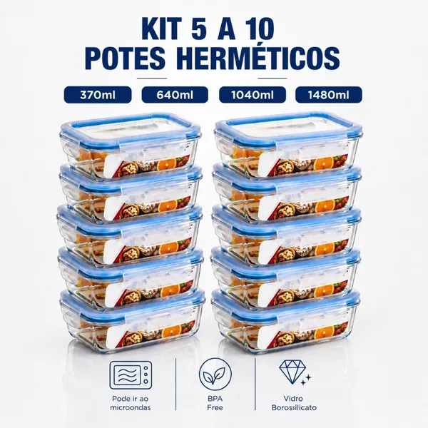 Kit 5 e 10 Potes De Vidro Hermetico Marmita Fit Mantimento Tampa 4 Travas, Microondas